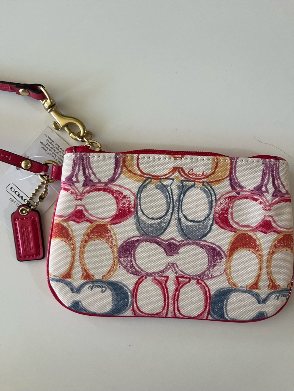 Coach Multicolor Signature Mini Wristlet with Pink Trim